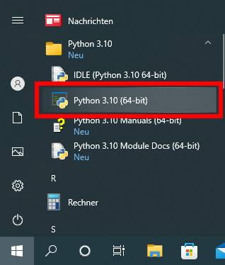 Windows start menu: run Python